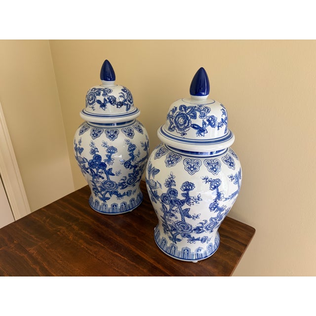 Chinoiserie Large Blue and White Porcelain Ginger Jars, Pair For Sale - Image 4 of 10