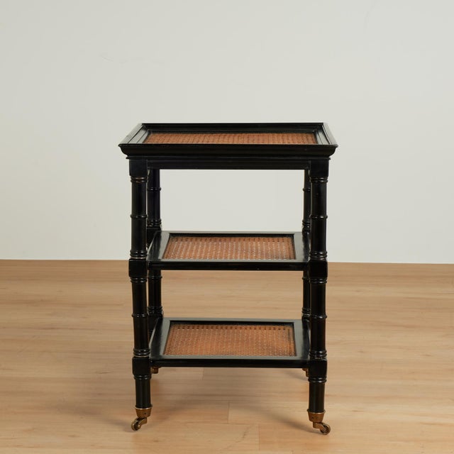 English Pair of Vintage British Colonial Style Faux Bamboo Three Tiered Caned Stands For Sale - Image 3 of 17