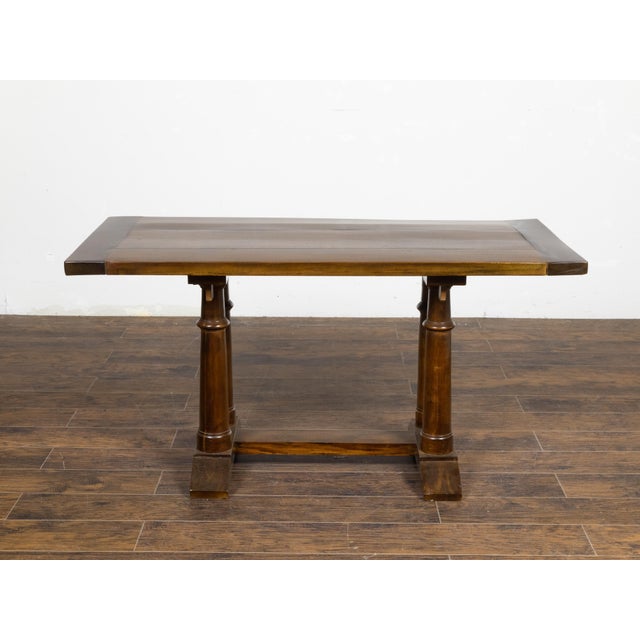 Brown Italian 19th Century Walnut Trestle Table with Column Shaped Legs For Sale - Image 8 of 12