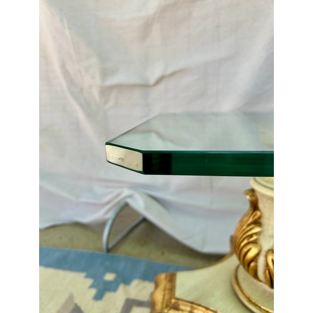 Wood Vintage Neoclassical Style Carved Pedestal Accent Table With 3/4" Glass Top on in-Line Wheels For Sale - Image 7 of 9