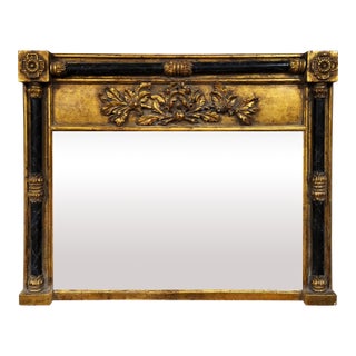 Antique English Regency Style Black & Gilt Carved Wood Overmantel Mirror For Sale