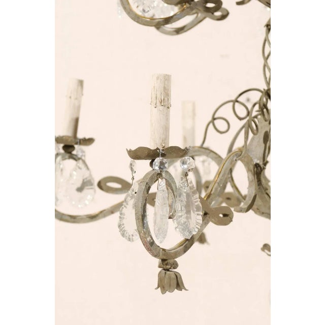 French French Two-Tiered Twelve-Light Metal and Crystal Chandelier in Grey Green Color For Sale - Image 3 of 10