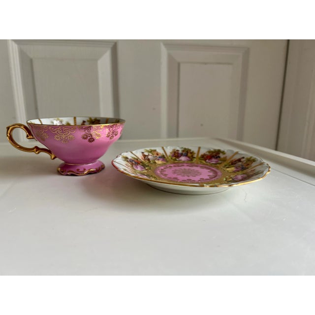 Early 20th Century Vintage Pink Love Story Tea Cup and Saucer by JKW Decor Carlsbad of Germany For Sale - Image 5 of 10