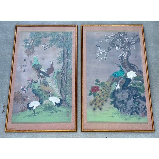 Chelsea House Pair of Monumental Hand-Painted Silk Paintings Chinoiserie For Sale - Image 9 of 18