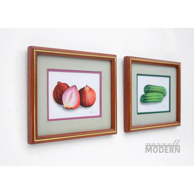 Gorgeous pair of small watercolor still life paintings of onions and cucumbers with almost photo-realistic details in bold...