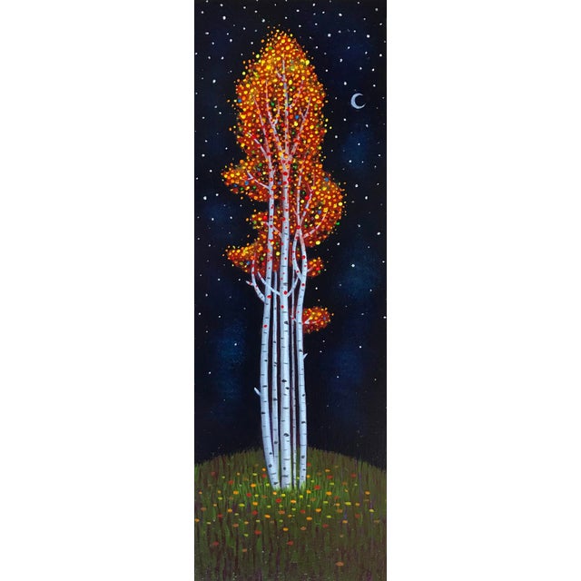 Untitled IV by Thane Gorek | Oil on Board Autumn trees with colorful leaves against a night sky For Sale