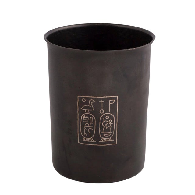 Ancient Egyptian Style Bronze Cup With Silver Inlay For Sale