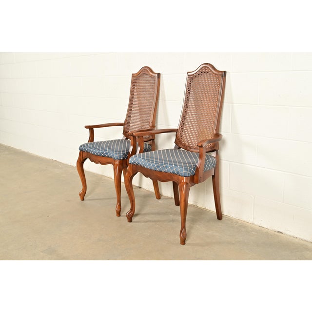 French Provincial Baker Furniture Style French Provincial Louis XV Carved Walnut and Cane Back Armchairs, Pair For Sale - Image 3 of 14