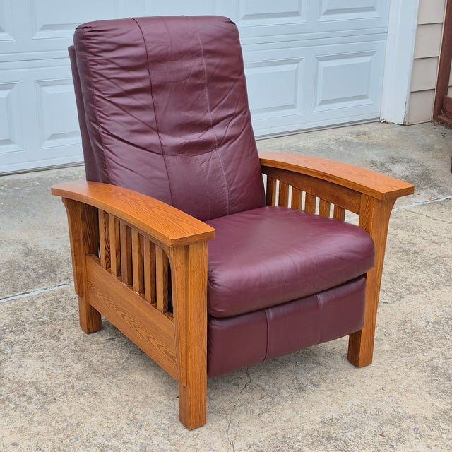 2002 BarcaLounger Mission Arts & Crafts Style Leather and Oak Manual Recliner Arm Chair For Sale - Image 14 of 14