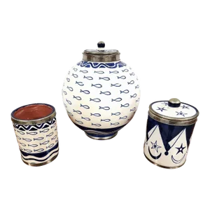 Studio Art Pottery Cookie Jar Utensil Holder Lidded Jar 3 Piece Set