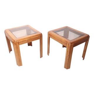 Pr. Oak and Tinted Glass End Side Tables C. 1980/90's For Sale