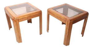Pr. Oak and Tinted Glass End Side Tables C. 1980/90's