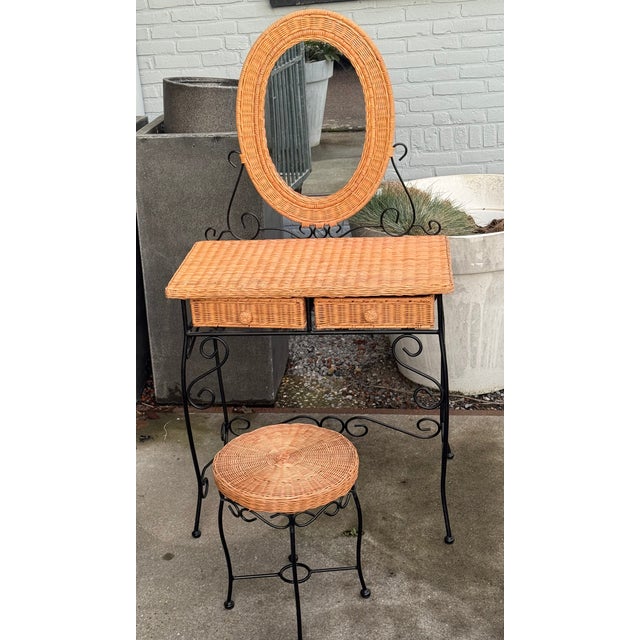 Rattan and Wrought Iron Vanity Table with Mirror and Bench, 1960s, Set of 2 For Sale - Image 9 of 18