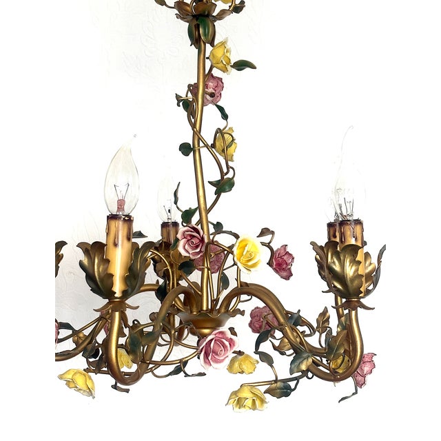 Italian Metal and Porcelain Flower Chandelier, 1940s For Sale - Image 17 of 17