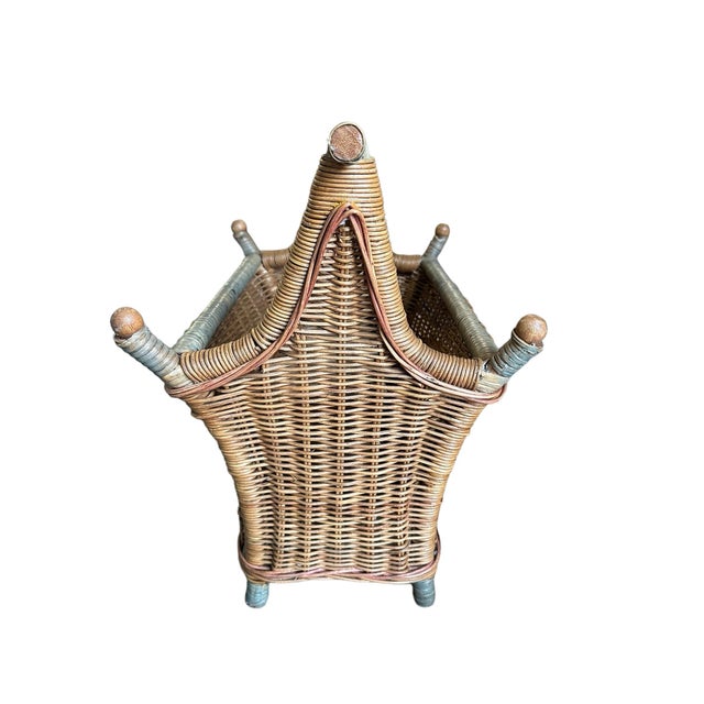 Antique Large Wicker Magazinr Blanket Basket Sage green and beige 19x20x13”