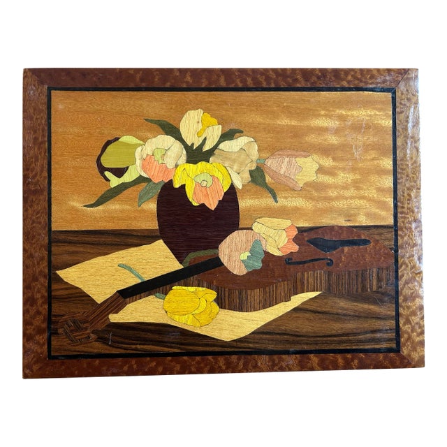 Vintage Handmade Inlaid Wood Plaque Still Life of Flowers and Violin For Sale
