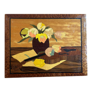 Vintage Handmade Inlaid Wood Plaque Still Life of Flowers and Violin