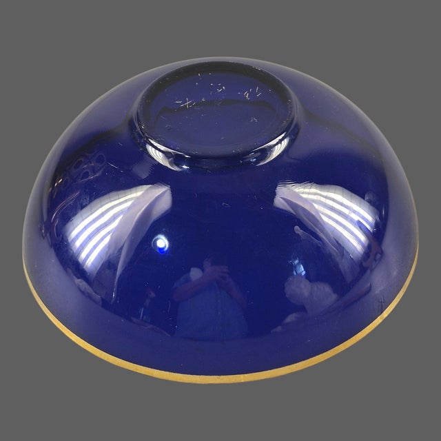 Vintage Cobalt Blue Gilded Rim Glass Serving Bowl For Sale - Image 4 of 8