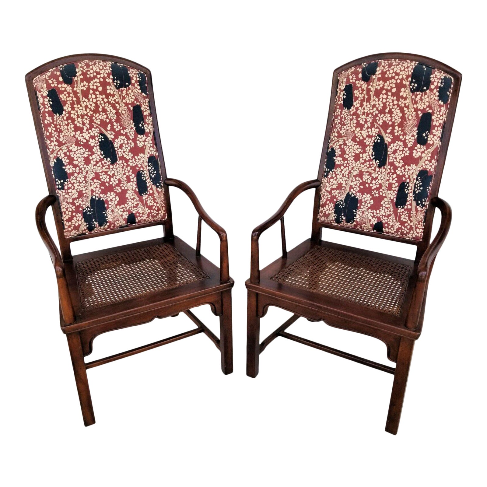 Henredon Cane Seat Upholstered Back Asian Mahogany Dining Accent Chairs Set Of 2 Chairish