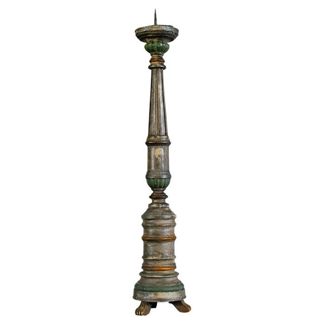Antique Polychrome Turned Wood Pricket Candlestick on Tripod Base For Sale - Image 12 of 12