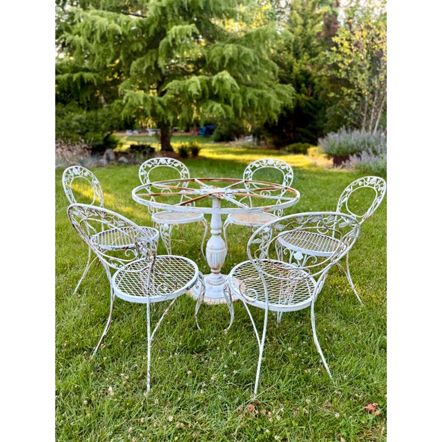 French Country Vintage Woodard Chantilly Rose Wrought Iron Dining Set — Table & Six Chairs For Sale - Image 3 of 11