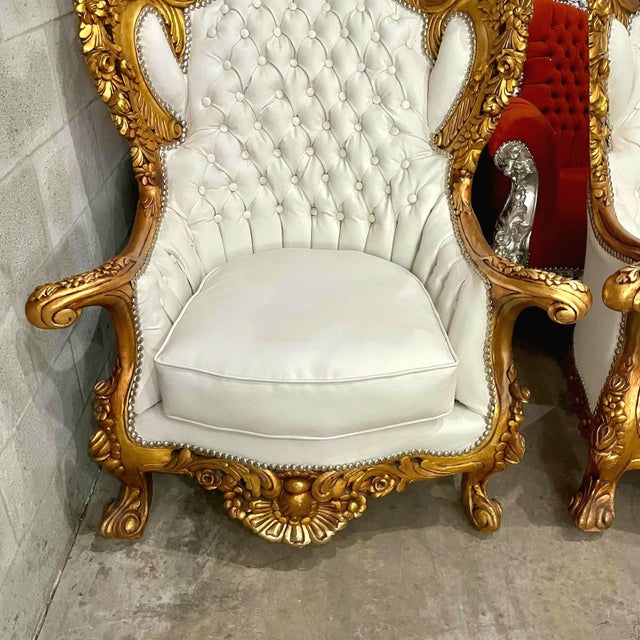 2010s Baroque Style King Throne Chair – Off-White Leather Upholstery For Sale - Image 5 of 6