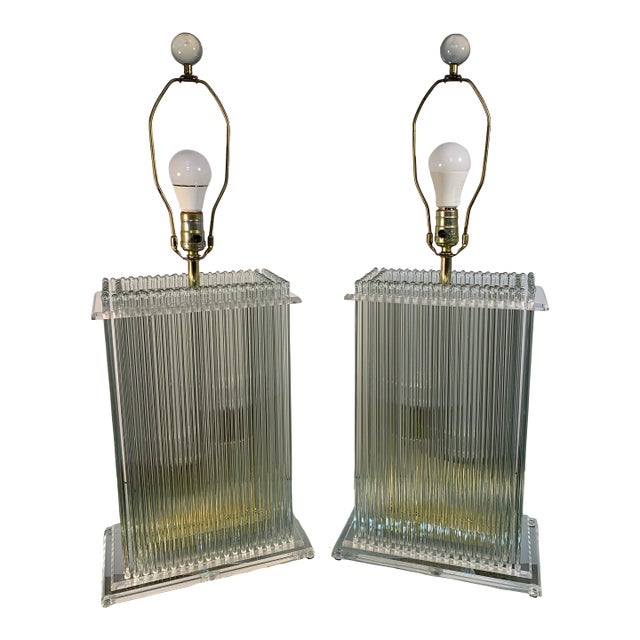 Pair of Vintage Glass Lucite and Brass Table Lamps in the Manner of Geatano Sciolari for Lightolier For Sale