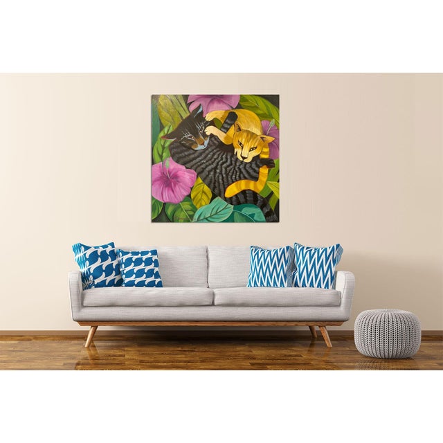 Blue Marc Zimmerman "Paws in Play" Oil Painting, Two Cats in Tropical Jungle, Black and Gold Cats, Pink Hibiscus, Contemporary Art West Coast For Sale - Image 8 of 9
