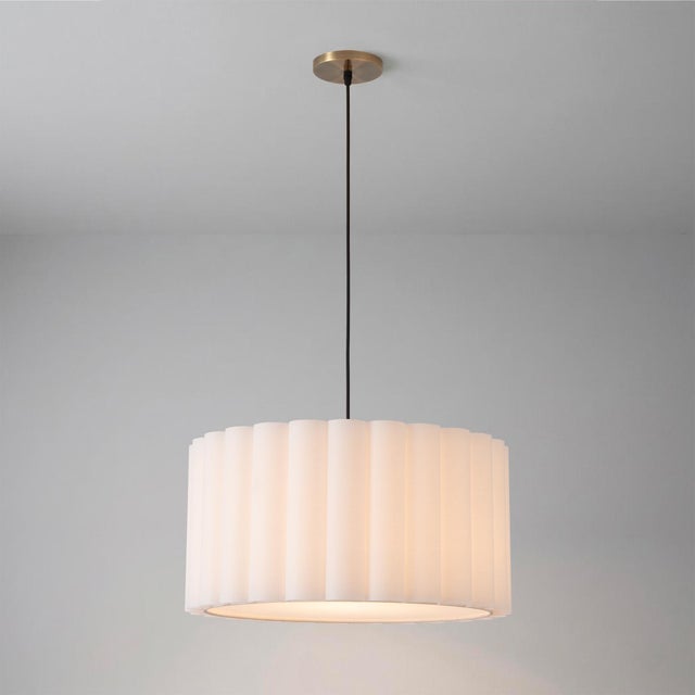 Scallop Pendant Light - Modern Weathered Brass Steel, Drum White Linen Shade, 19"d X 11"h, Elv Dimmable For Sale In Los Angeles - Image 6 of 7