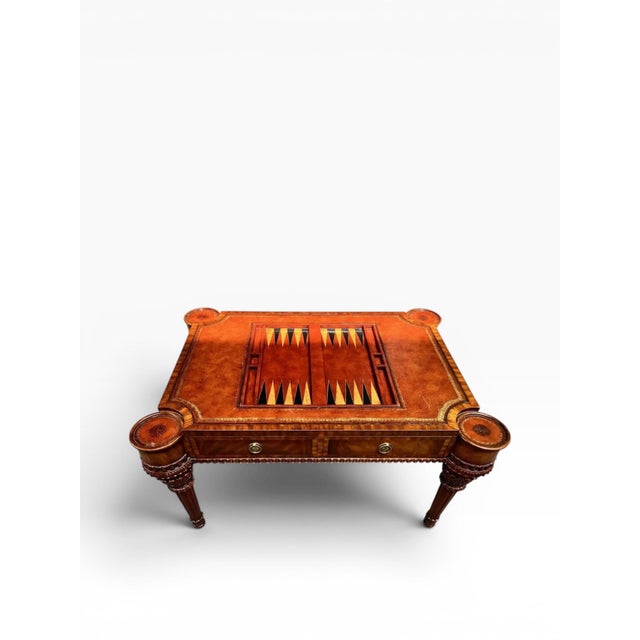 Maitland-Smith Leather Top Game Table W/ Chess & Backgammon, Carved Legs & Drawers For Sale - Image 9 of 13
