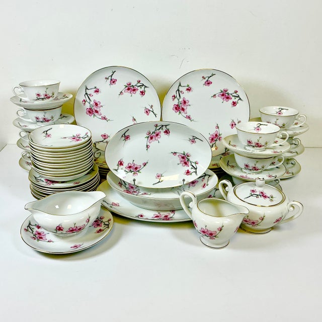 1940s Vintage Hollywood Regency Japanese Minimalist Cherry Blossom Dinnerware - Set of 56 For Sale - Image 4 of 14