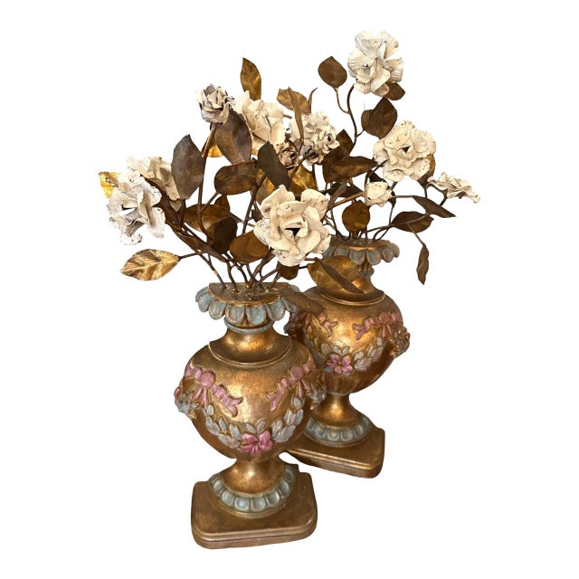 Antique Italian Gilded Wood Middle Urns With Metal Flowers- A Pair For Sale