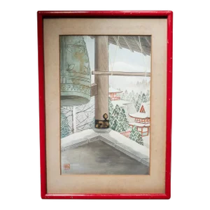 20th Century Japanese Woodblock Style Watercolor Painting of Temple Bell, Signed