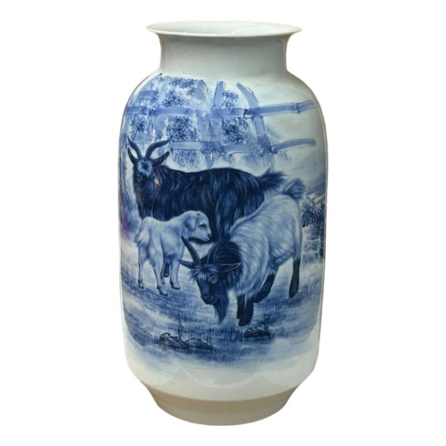 Chinese Blue White Handpaint San Yang Kai Tai Scenery Porcelain Vase For Sale