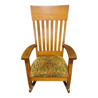 1960s Vintage Mission-Style Oak Rocking Chair With Floral Upholstery For Sale