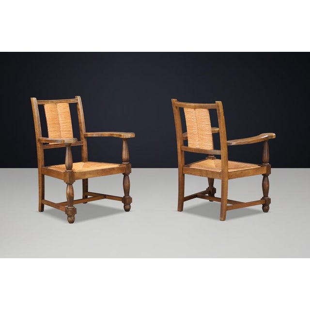 French Oak and Rush Armchairs in the style of Charles Dudouyt, France, 1940, Set of 2 For Sale - Image 4 of 11