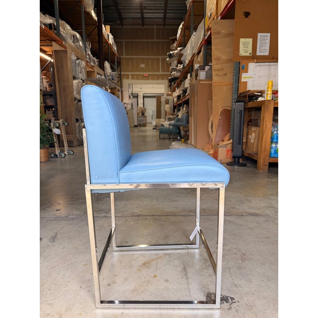 Contemporary Palecek Blue Leather Counter Stool With Stainless Steel Legs For Sale - Image 3 of 8