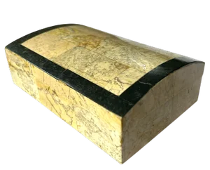 1980s Vintage Postmodern Tessellated Cream and Black Stone Box With Domed Lid and Black Marble Inlay