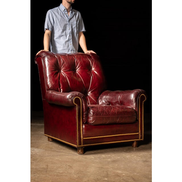 c. 1970s/1980s; Hancock & Moore - Hickory, NC Vintage button tufted armchair and rectangular ottoman pair. This set...