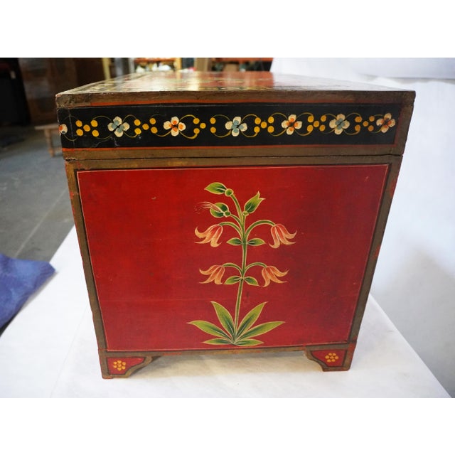 Folk Red Painted Chest With Floral Motifs For Sale - Image 9 of 17