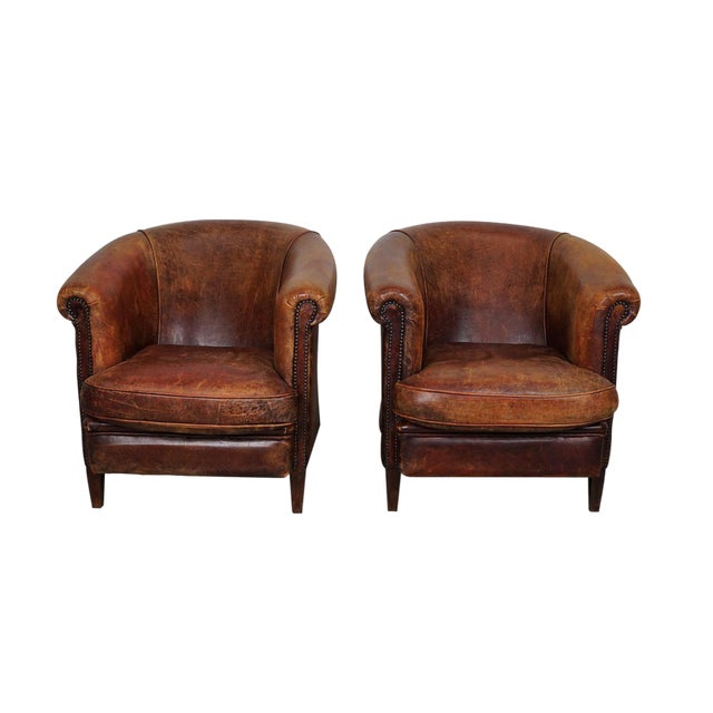 Set of Vintage Dutch Cognac Colored Leather Club Chairs For Sale