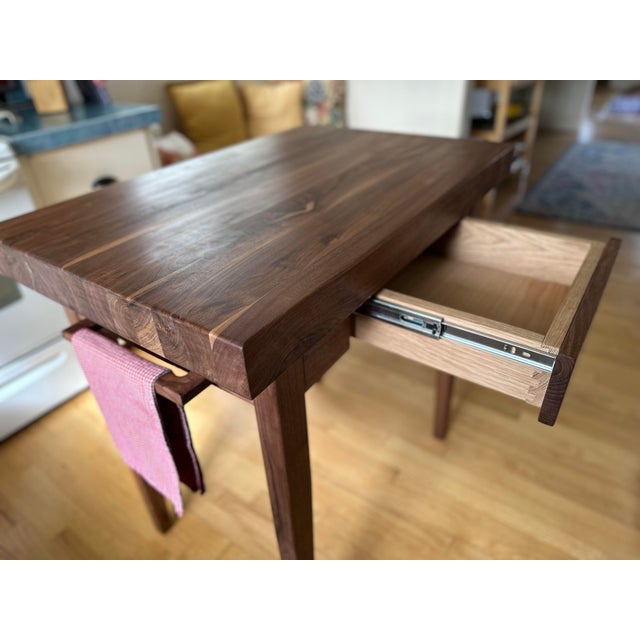 Contemporary Solid 3” Thick Walnut Kitchen Table, Dovetailed Drawer, Towel Bar and Tapered Legs For Sale - Image 3 of 9