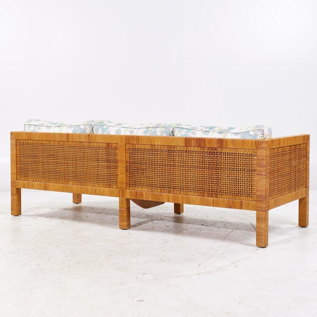 Brown Billy Baldwin for Bielecky Brothers Mid Century Rattan, Cane and Brass Tuxedo Sofa For Sale - Image 8 of 9