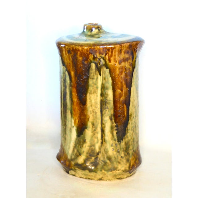 A stunning architectural Zsolnay Pec Hungary large pirogranite Brutalist ceramic vase with a asymmetrical form and a...