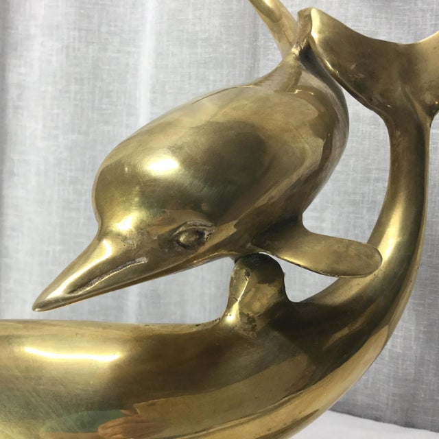 Metal Mid 20th Century Large Brass Dolphin Pair Sculpture With Ocean Rock Base. For Sale - Image 7 of 9