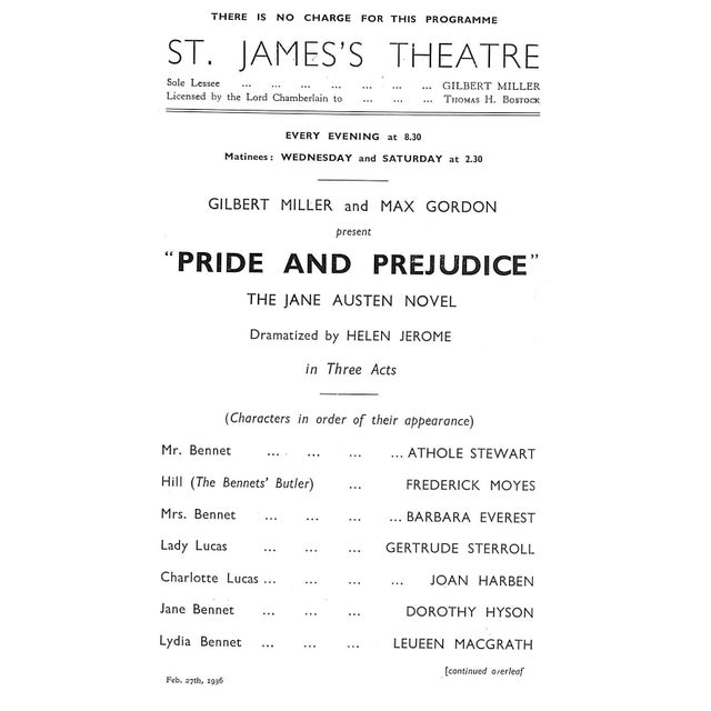 [20] pp. St. James's Theatre London 1936 8 1/2" x 5 1/2" The programme for a 1936 production of Pride and Prejudice, with...