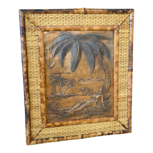 Vintage Hawaiian Tiki Copper Relief in Tortoise Bamboo Frame With Woven Rattan Mat