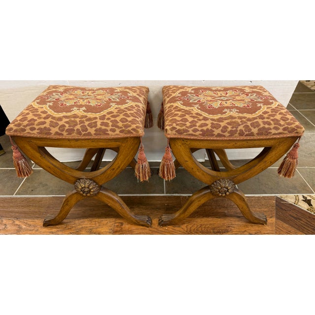 Brown Pair of Neoclassical Carved X-Base Benches Ottomans With Animal Print For Sale - Image 8 of 8
