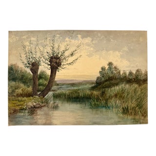 Early 20th Century Frank Henry Mason Watercolor Landscape River & Trees on Paper 16.75 X 11.25 For Sale