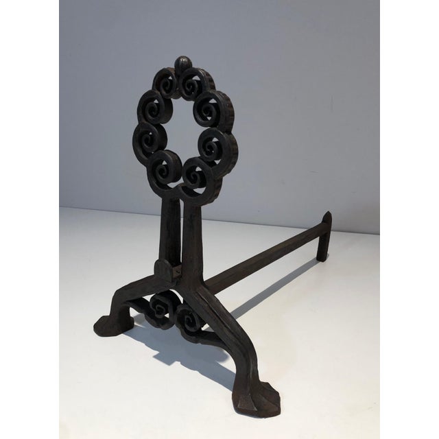 1900s Pair of wrought iron and hammer firedogs. Art Nouveau. Signed Wanner Genneva For Sale - Image 4 of 12